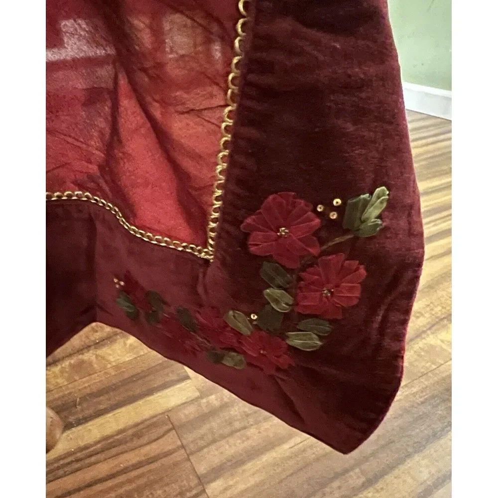 Red Velvet Christmas‎ Tablecloth w/Gold Accents and Floral Embroidery 60